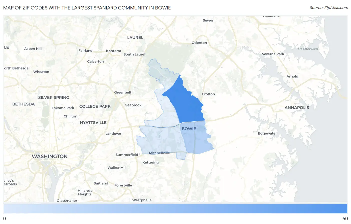 Zip Codes with the Largest Spaniard Community in Bowie Map