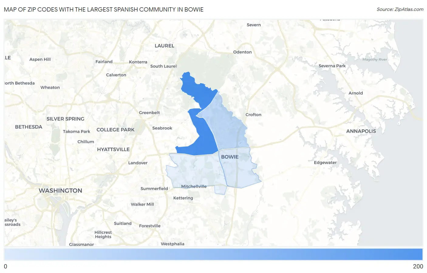 Zip Codes with the Largest Spanish Community in Bowie Map