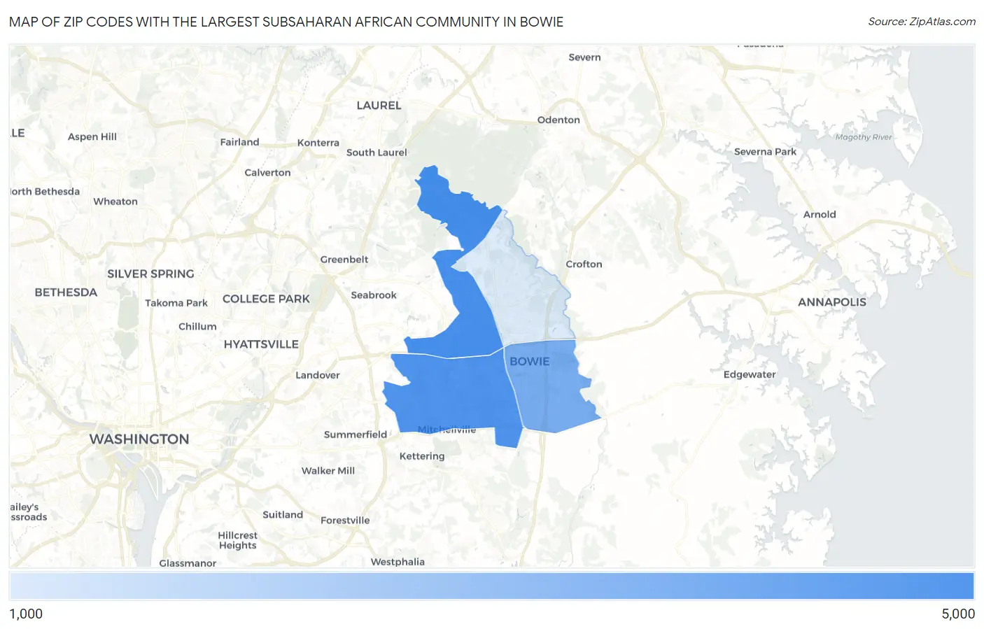 Zip Codes with the Largest Subsaharan African Community in Bowie Map
