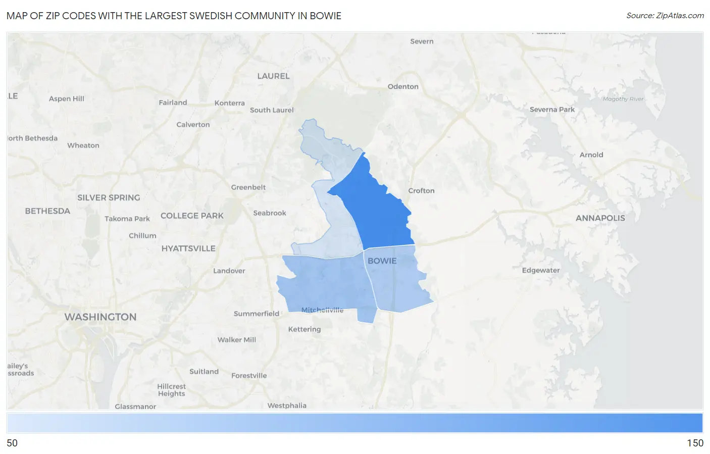 Zip Codes with the Largest Swedish Community in Bowie Map