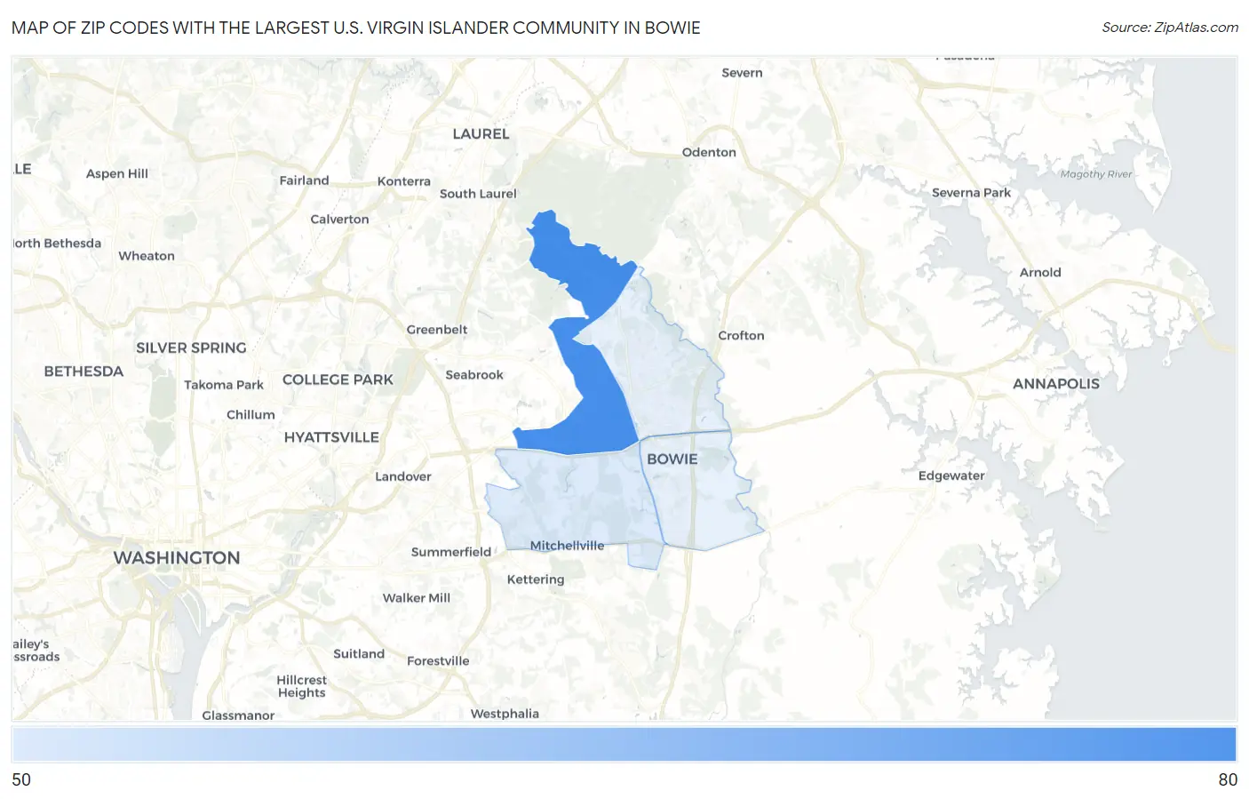 Zip Codes with the Largest U.S. Virgin Islander Community in Bowie Map
