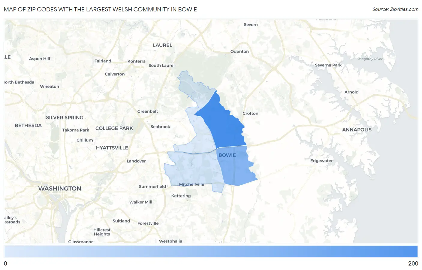 Zip Codes with the Largest Welsh Community in Bowie Map