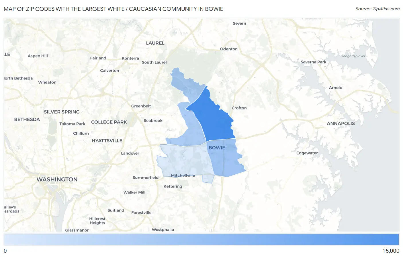 Zip Codes with the Largest White / Caucasian Community in Bowie Map