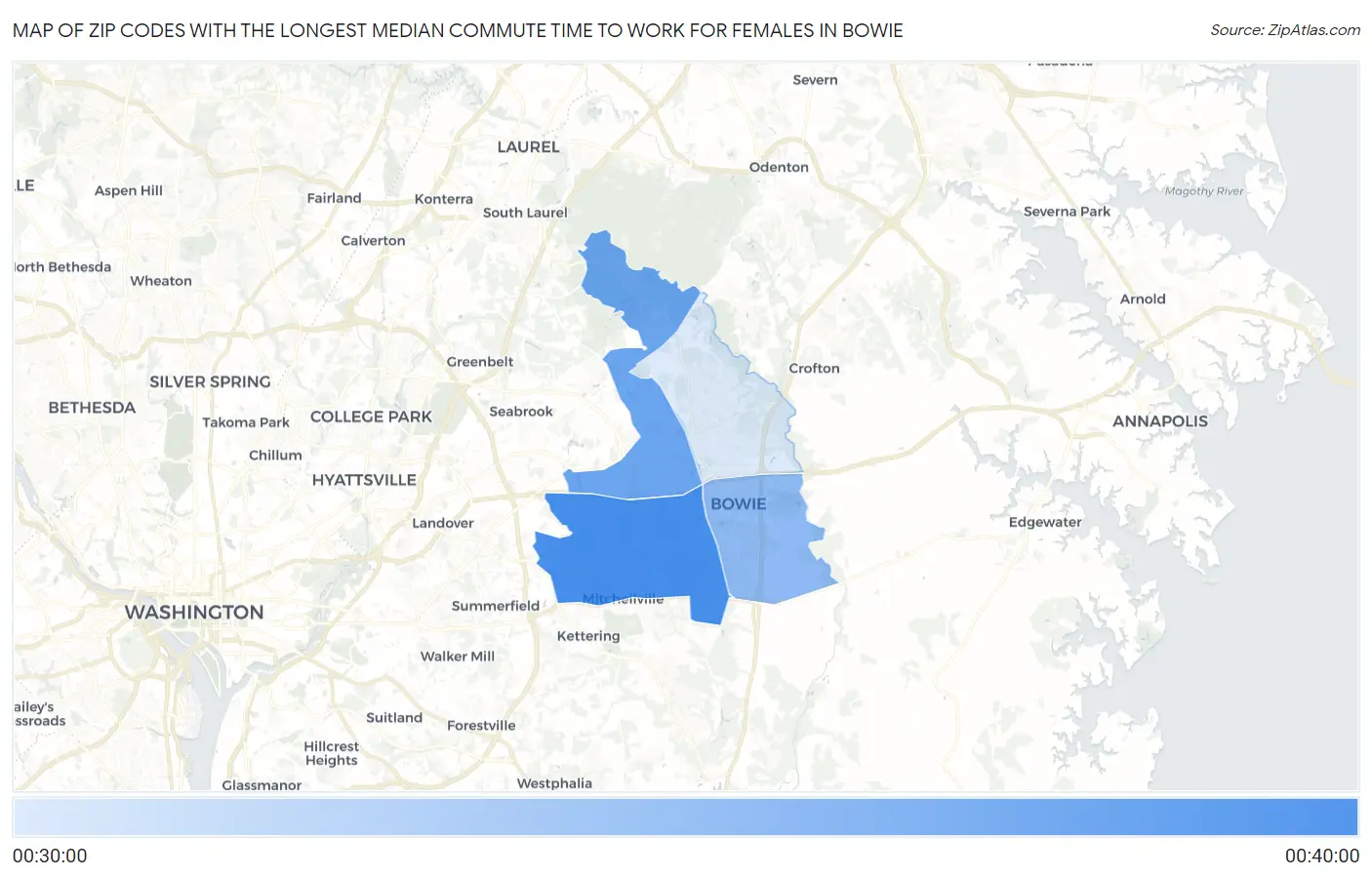 Zip Codes with the Longest Median Commute Time to Work for Females in Bowie Map