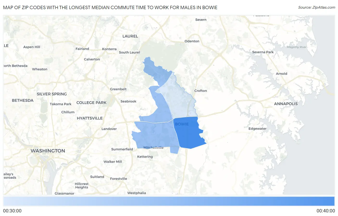 Zip Codes with the Longest Median Commute Time to Work for Males in Bowie Map