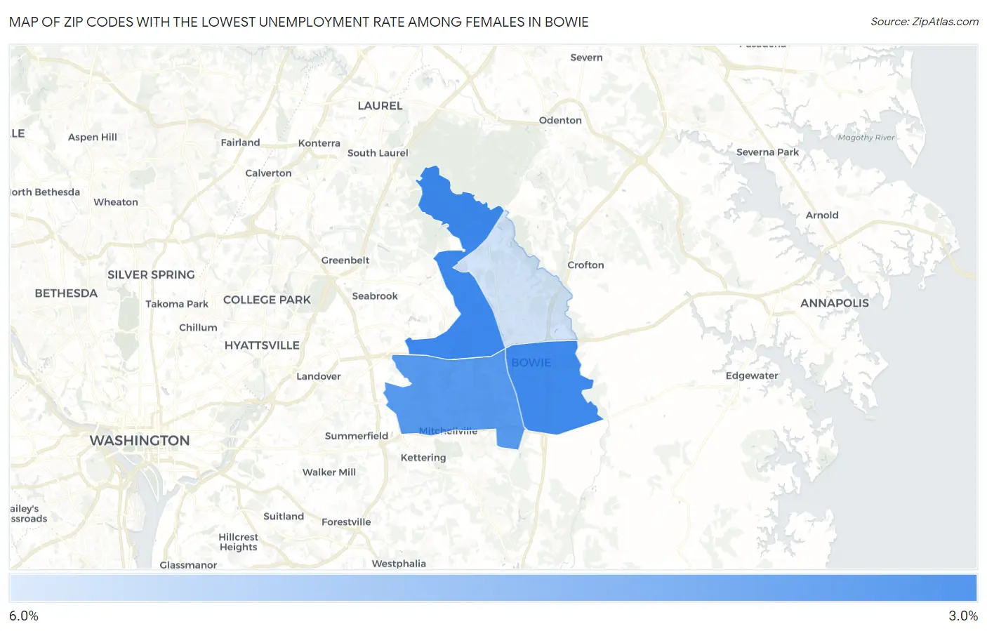 Zip Codes with the Lowest Unemployment Rate Among Females in Bowie Map