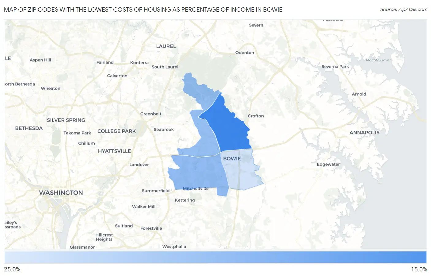 Zip Codes with the Lowest Costs of Housing as Percentage of Income in Bowie Map