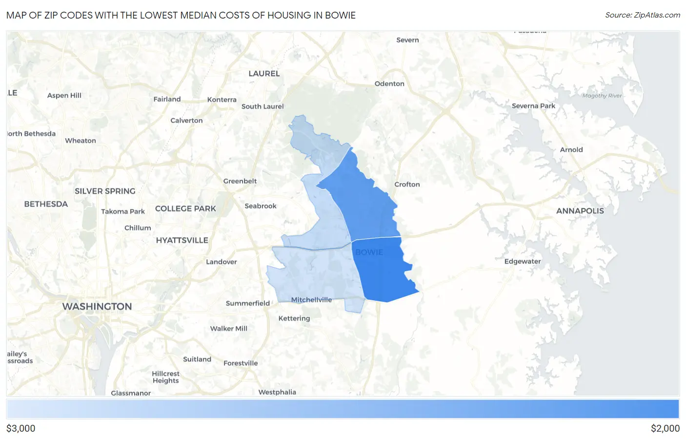 Zip Codes with the Lowest Median Costs of Housing in Bowie Map