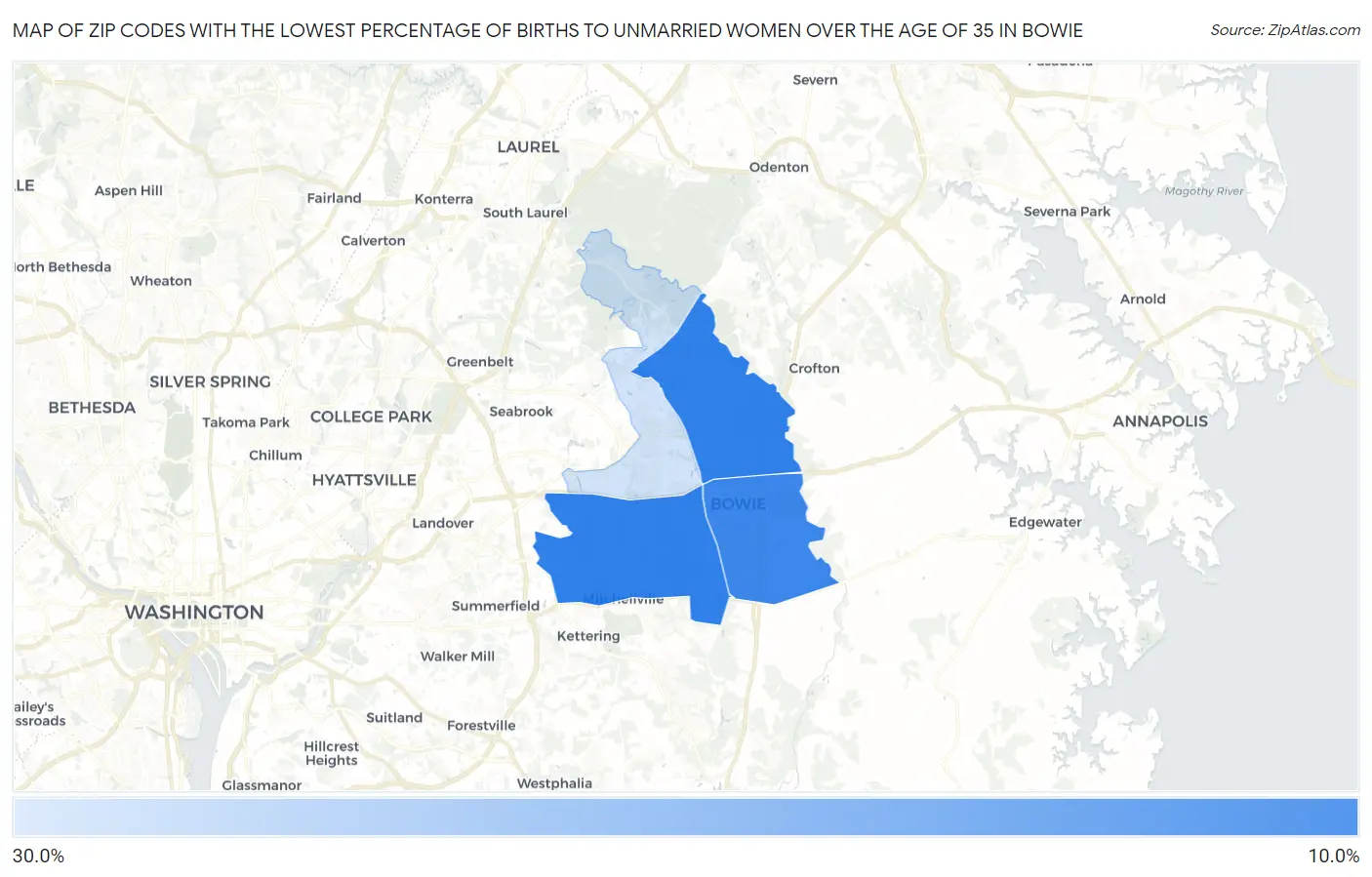 Zip Codes with the Lowest Percentage of Births to Unmarried Women over the Age of 35 in Bowie Map
