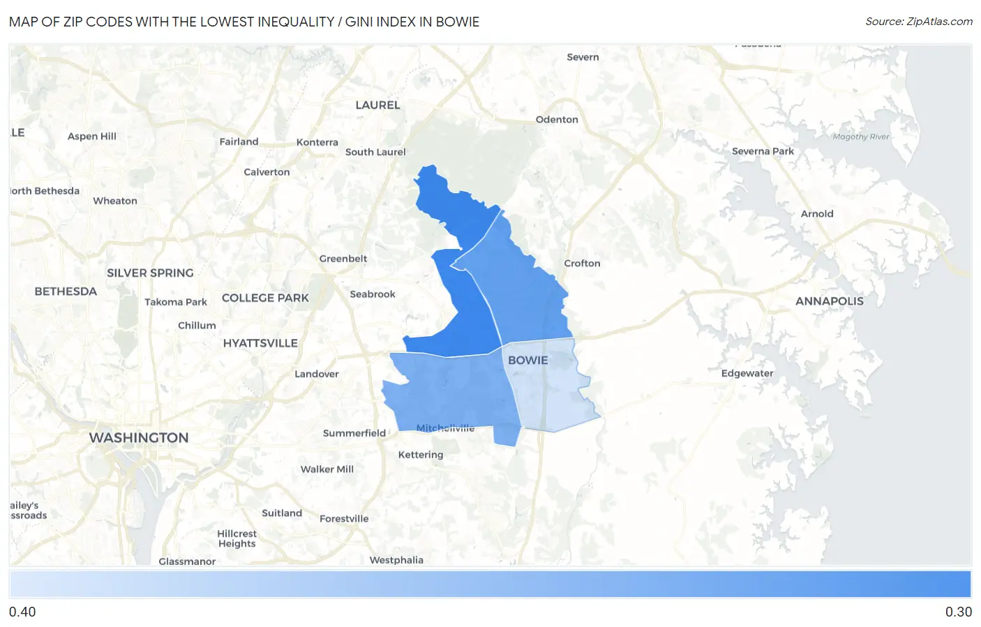 Zip Codes with the Lowest Inequality / Gini Index in Bowie Map