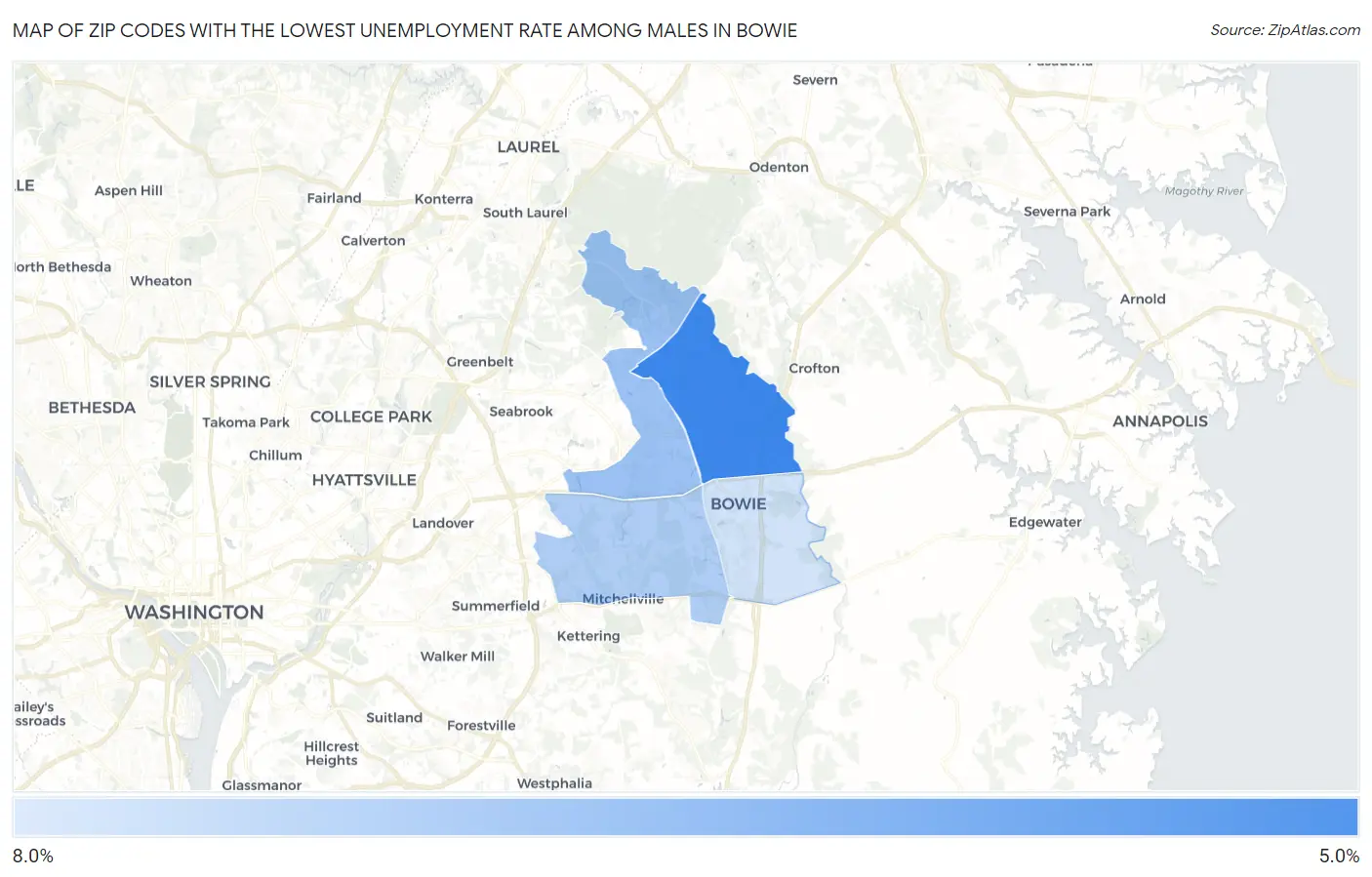 Zip Codes with the Lowest Unemployment Rate Among Males in Bowie Map