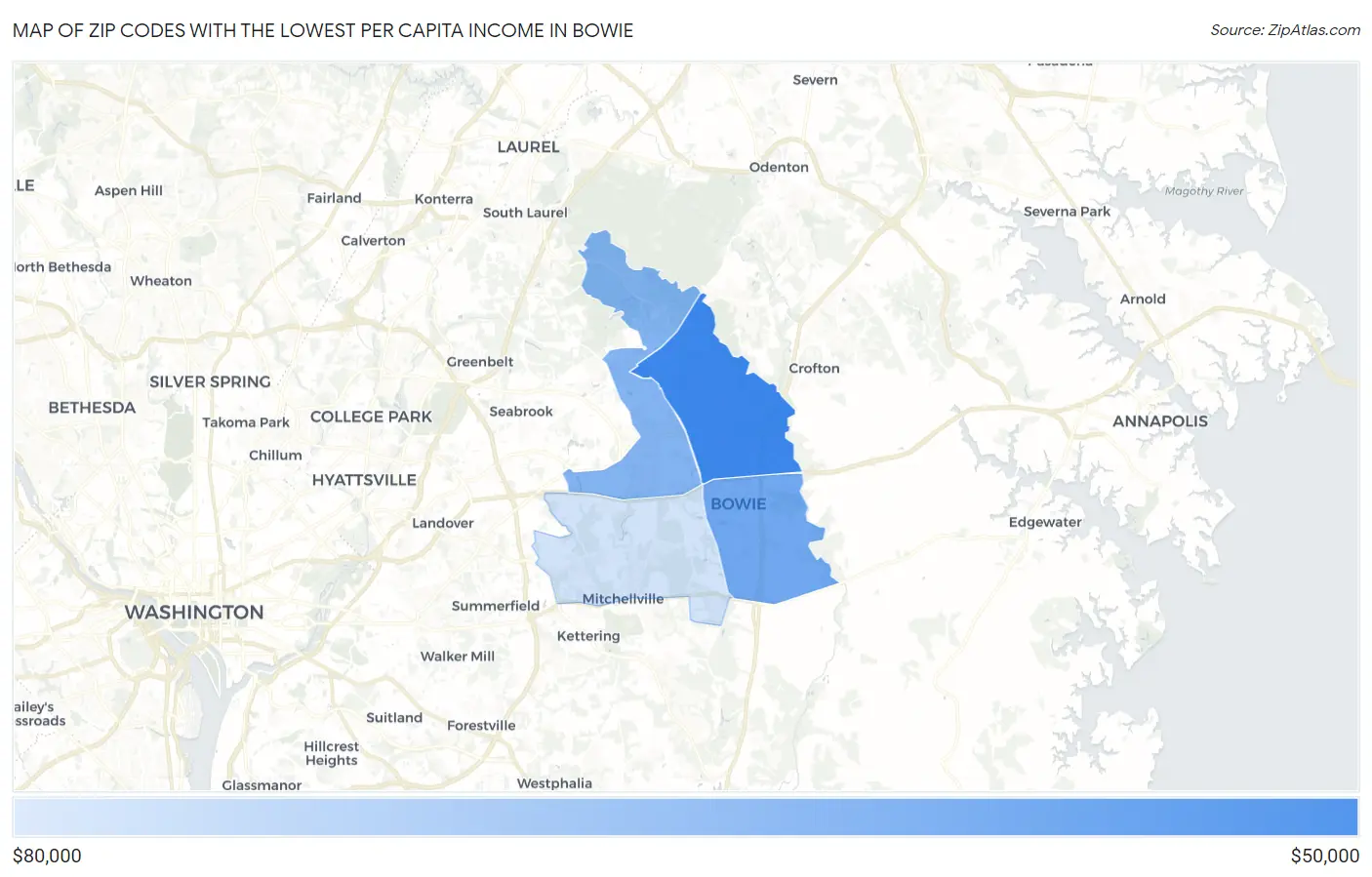 Zip Codes with the Lowest Per Capita Income in Bowie Map