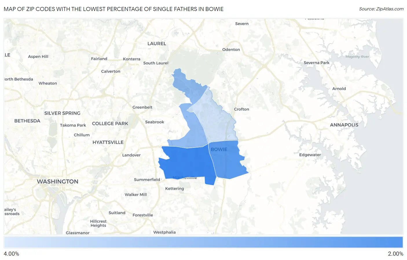 Zip Codes with the Lowest Percentage of Single Fathers in Bowie Map