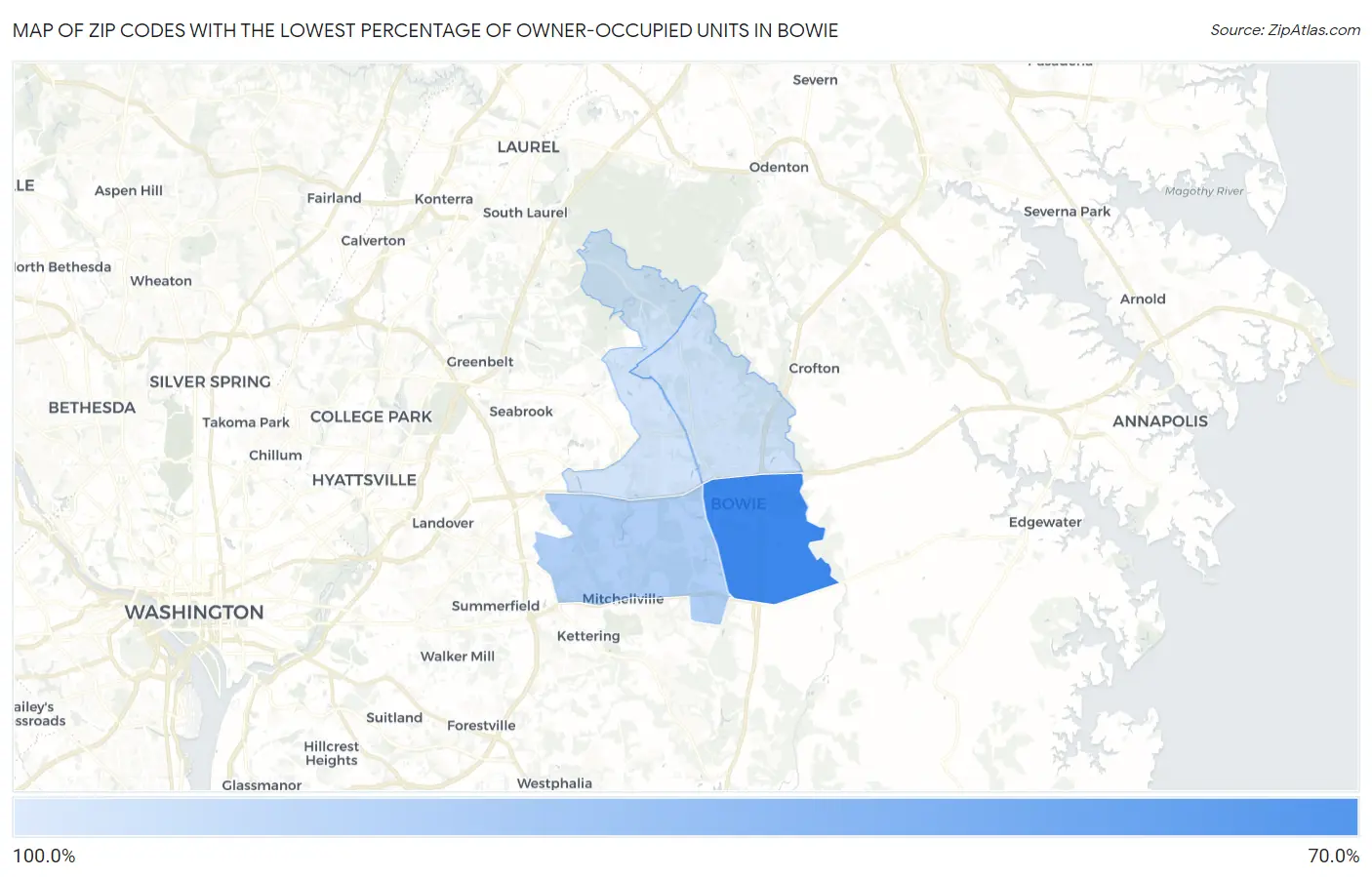 Zip Codes with the Lowest Percentage of Owner-Occupied Units in Bowie Map