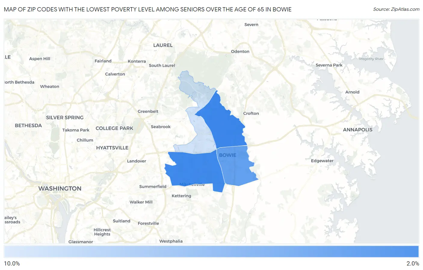Zip Codes with the Lowest Poverty Level Among Seniors Over the Age of 65 in Bowie Map
