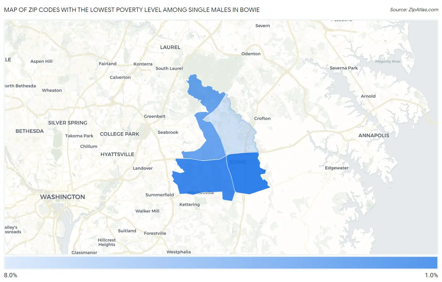 Zip Codes with the Lowest Poverty Level Among Single Males in Bowie Map