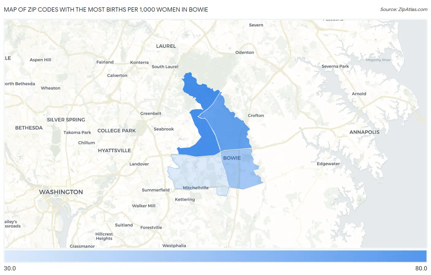 Zip Codes with the Most Births per 1,000 Women in Bowie Map