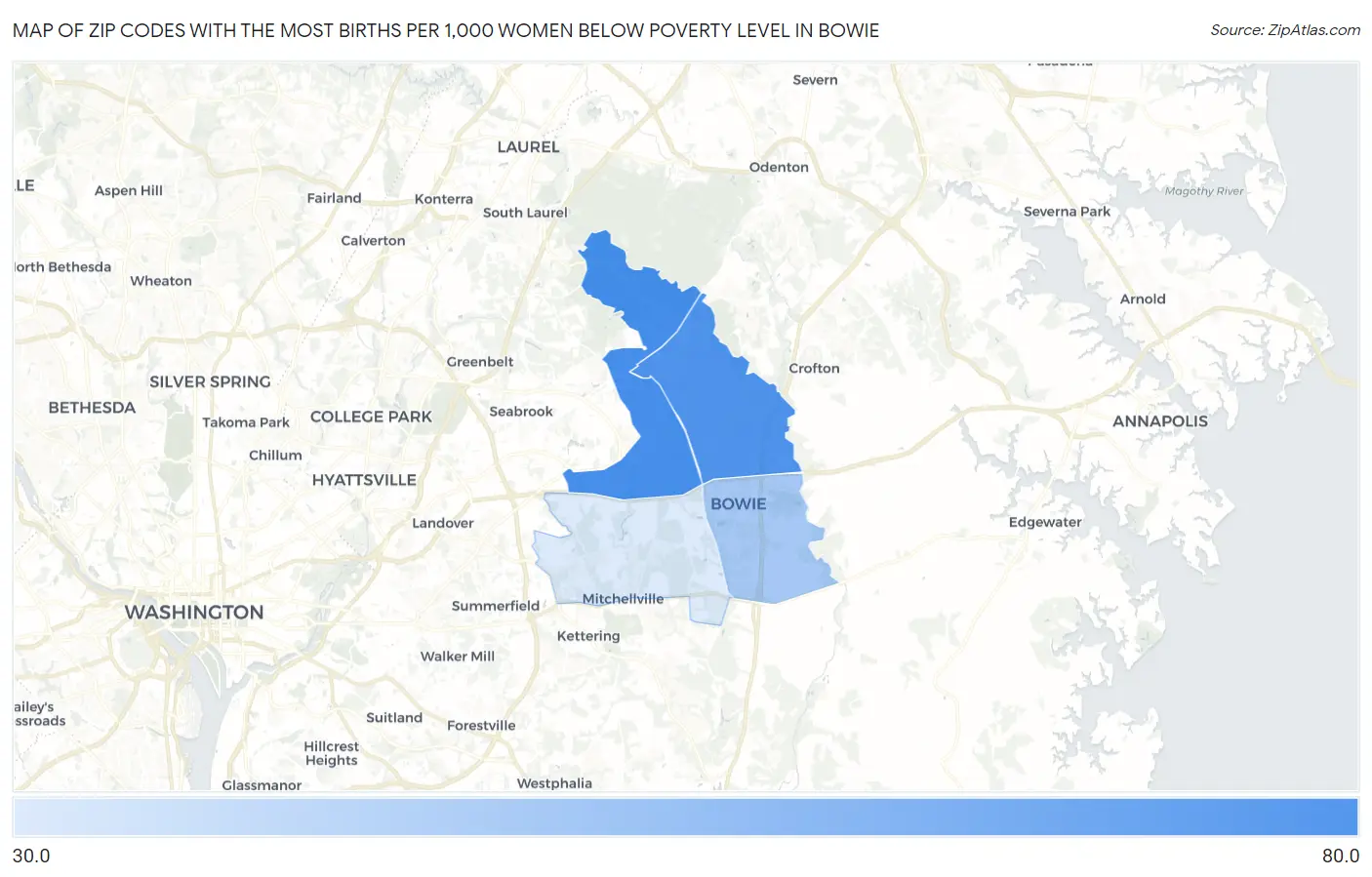 Zip Codes with the Most Births per 1,000 Women Below Poverty Level in Bowie Map