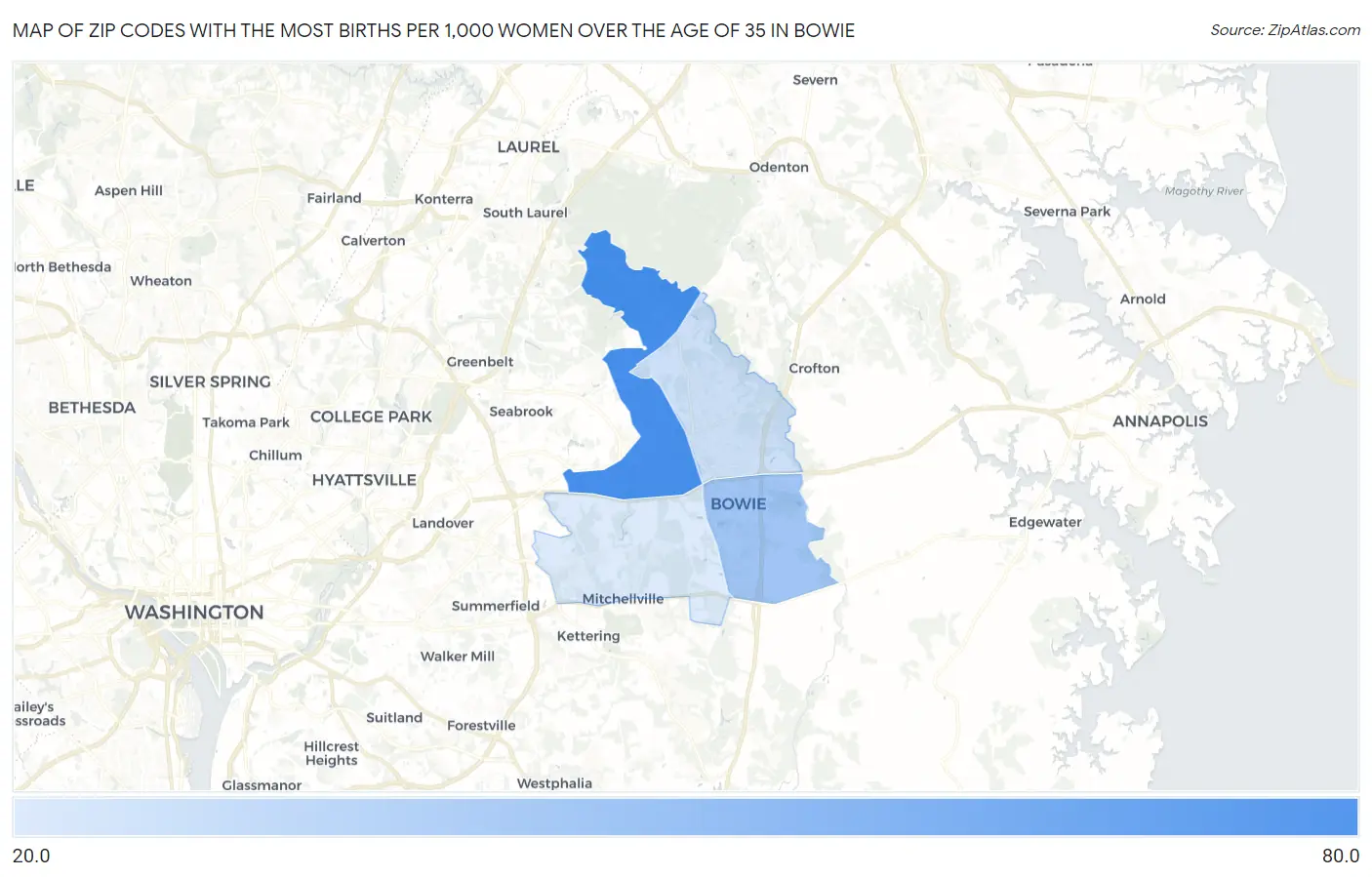 Zip Codes with the Most Births per 1,000 Women Over the Age of 35 in Bowie Map