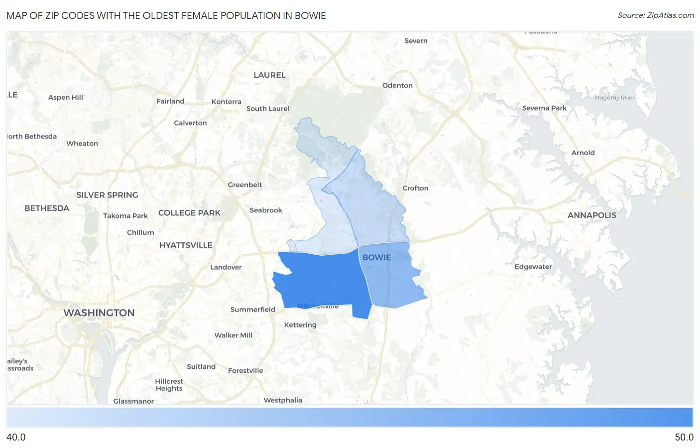 Zip Codes with the Oldest Female Population in Bowie Map