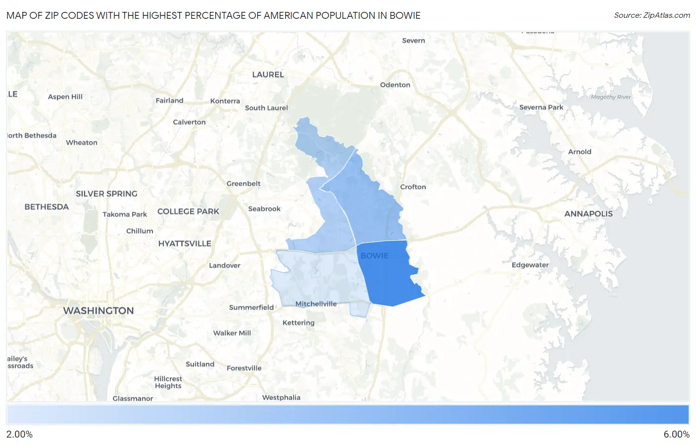 Zip Codes with the Highest Percentage of American Population in Bowie Map