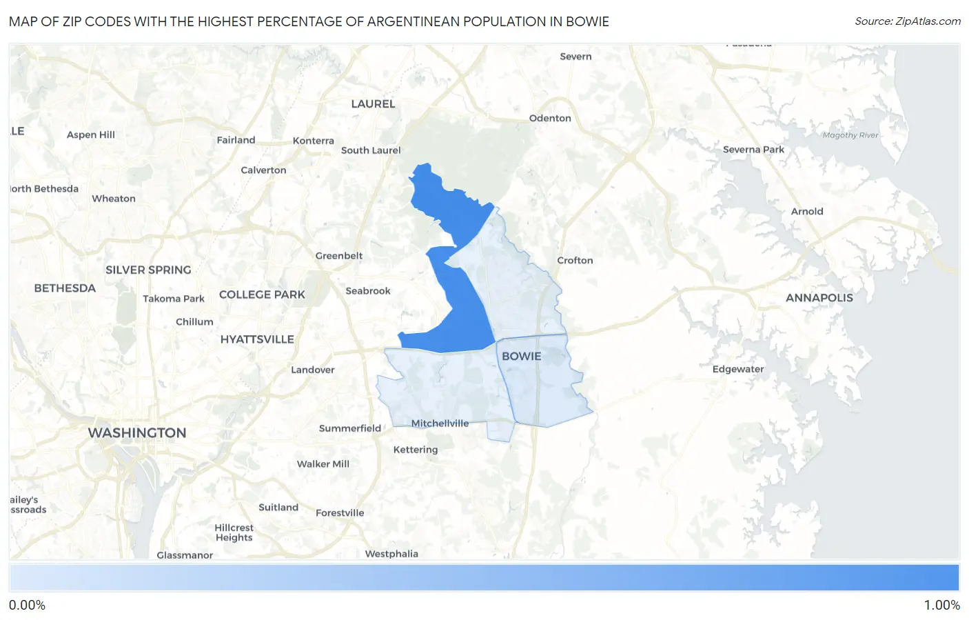 Zip Codes with the Highest Percentage of Argentinean Population in Bowie Map