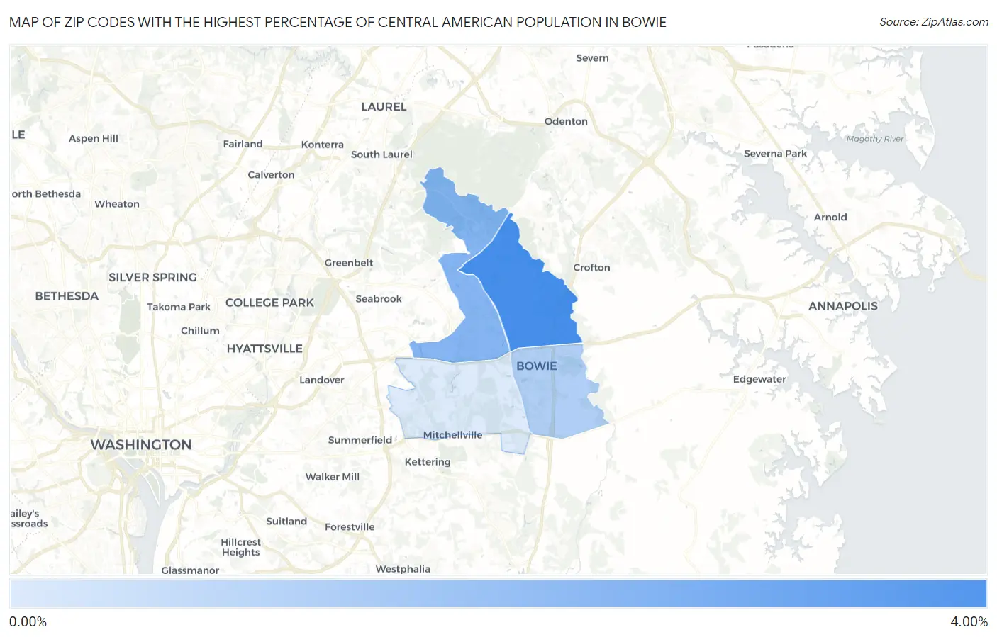 Zip Codes with the Highest Percentage of Central American Population in Bowie Map