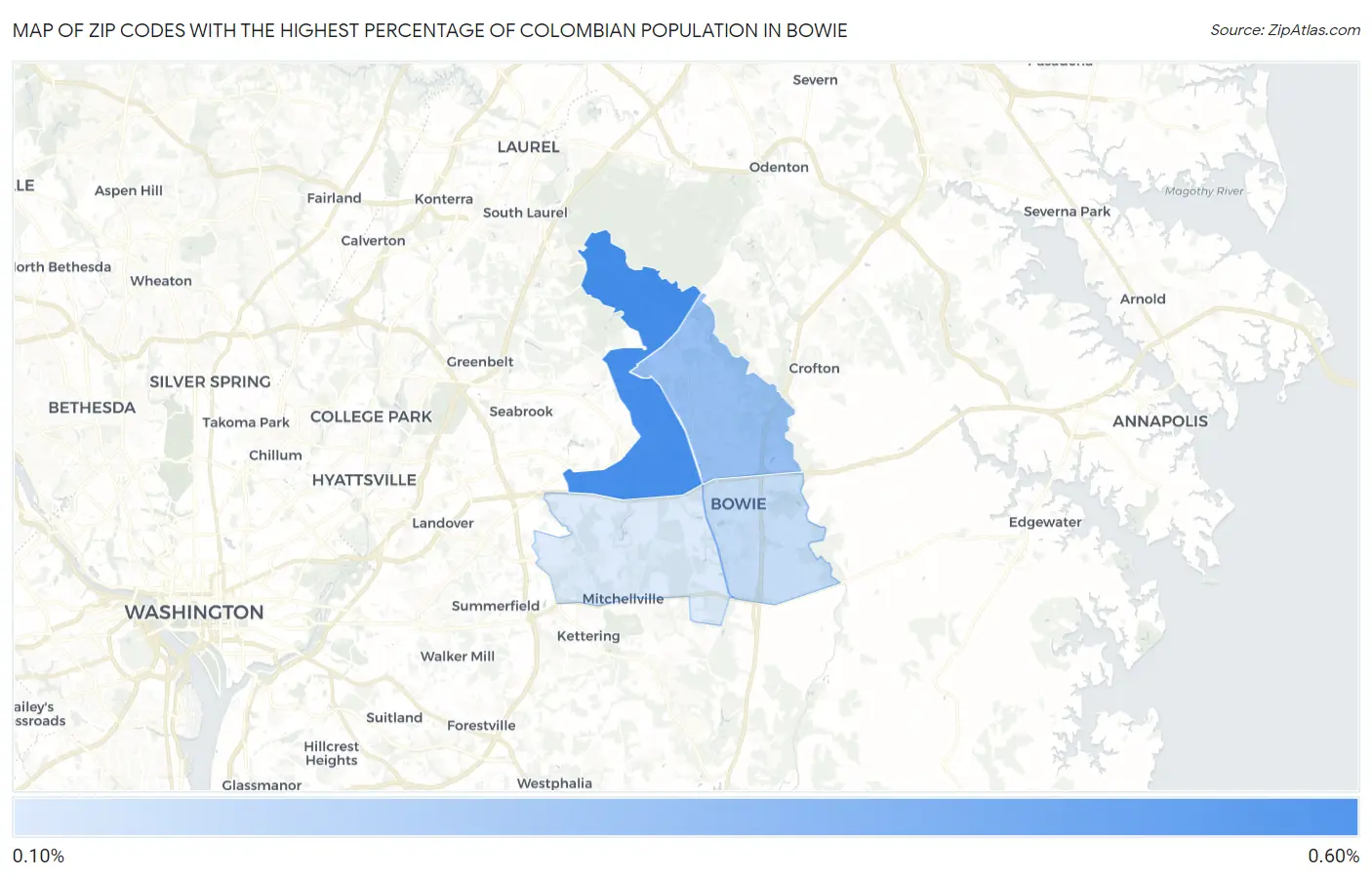 Zip Codes with the Highest Percentage of Colombian Population in Bowie Map