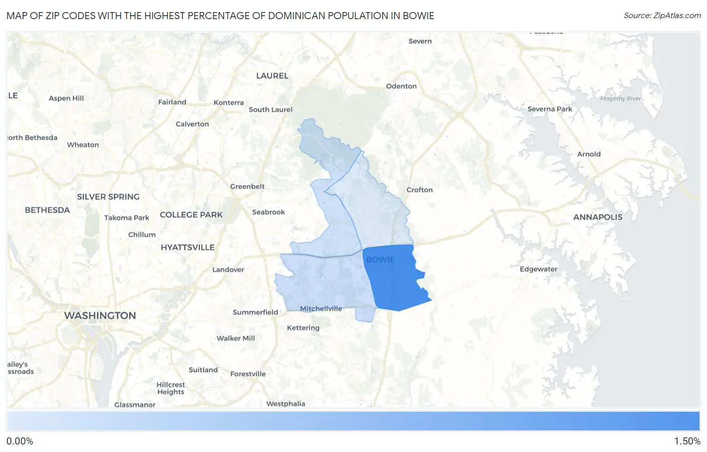 Zip Codes with the Highest Percentage of Dominican Population in Bowie Map