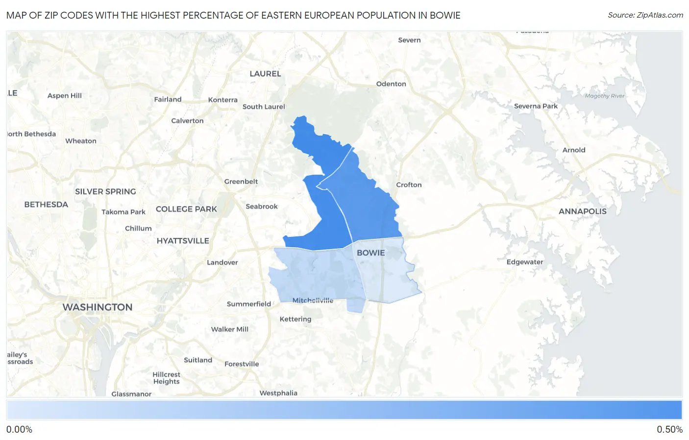 Zip Codes with the Highest Percentage of Eastern European Population in Bowie Map