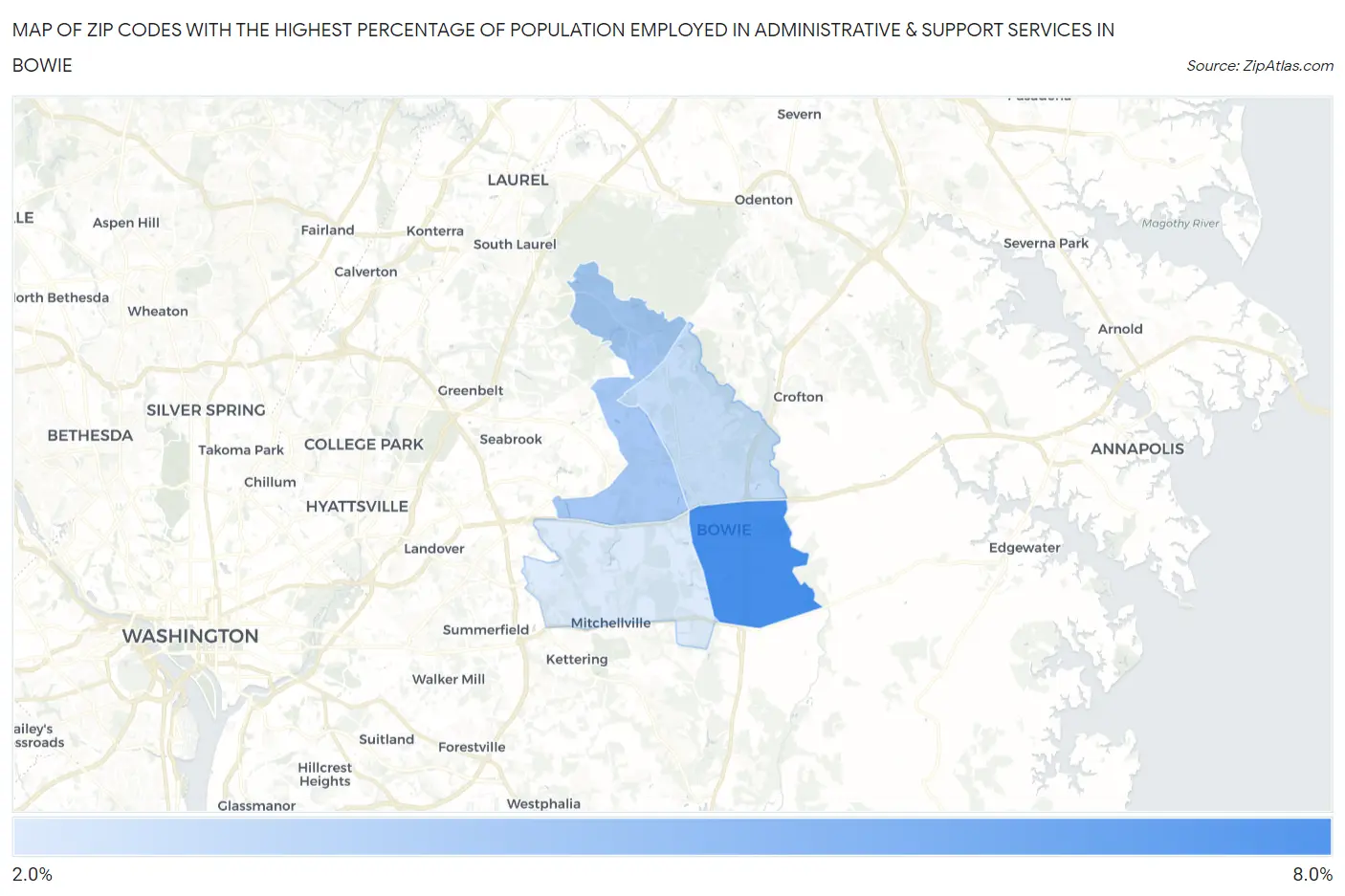 Zip Codes with the Highest Percentage of Population Employed in Administrative & Support Services in Bowie Map