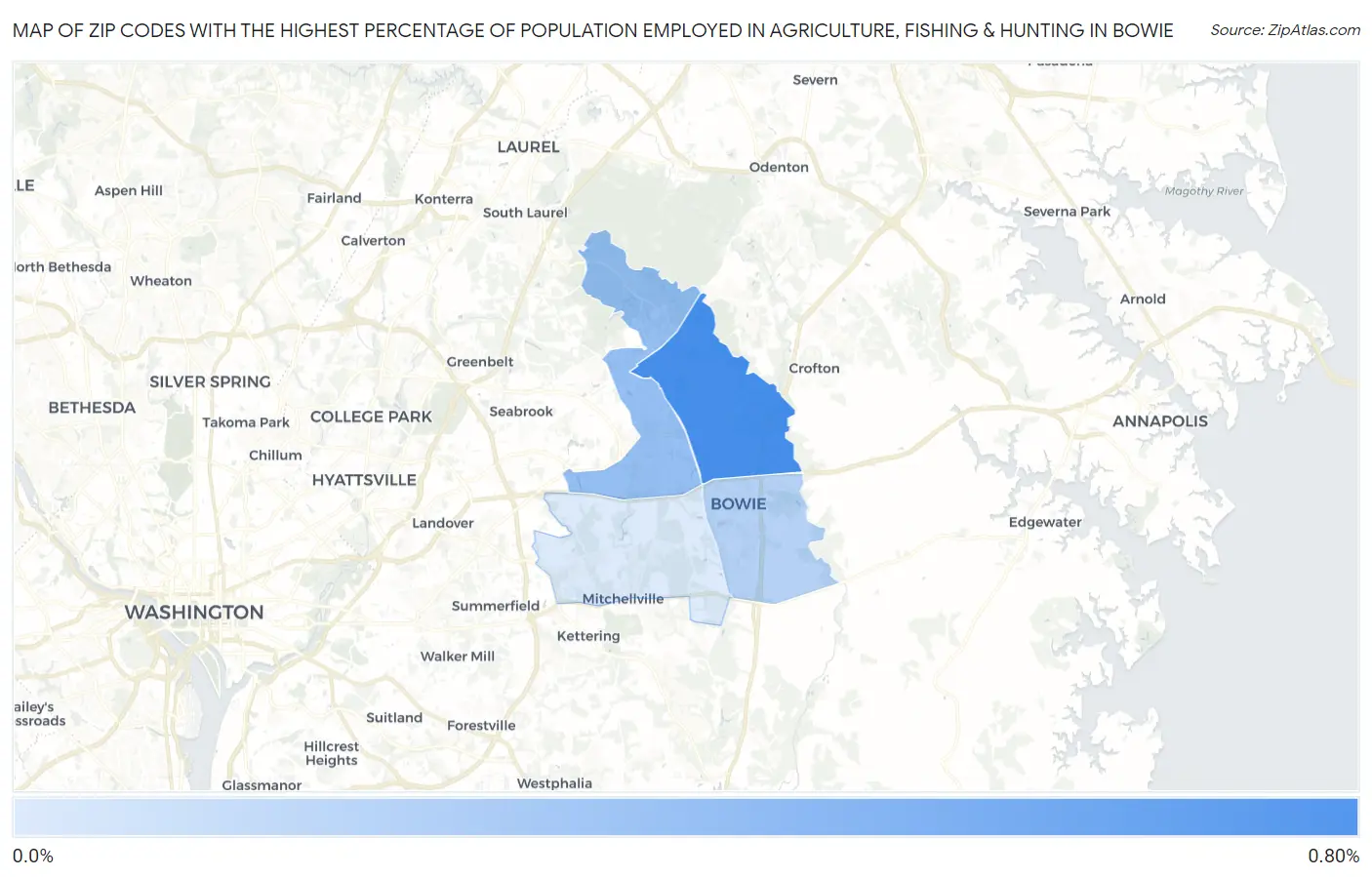 Zip Codes with the Highest Percentage of Population Employed in Agriculture, Fishing & Hunting in Bowie Map