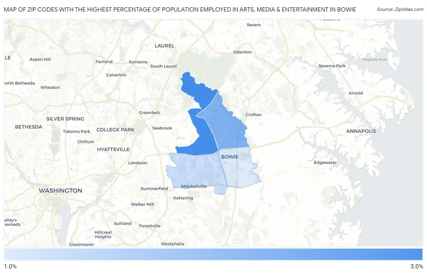Zip Codes with the Highest Percentage of Population Employed in Arts, Media & Entertainment in Bowie Map