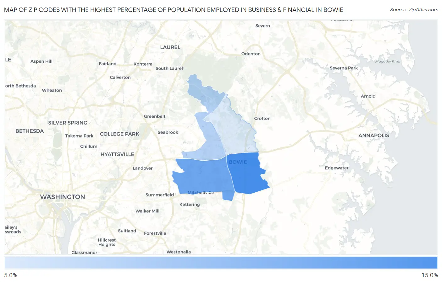 Zip Codes with the Highest Percentage of Population Employed in Business & Financial in Bowie Map