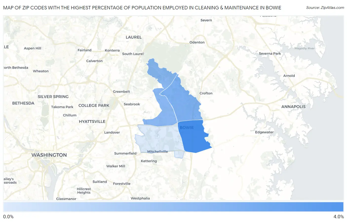 Zip Codes with the Highest Percentage of Population Employed in Cleaning & Maintenance in Bowie Map