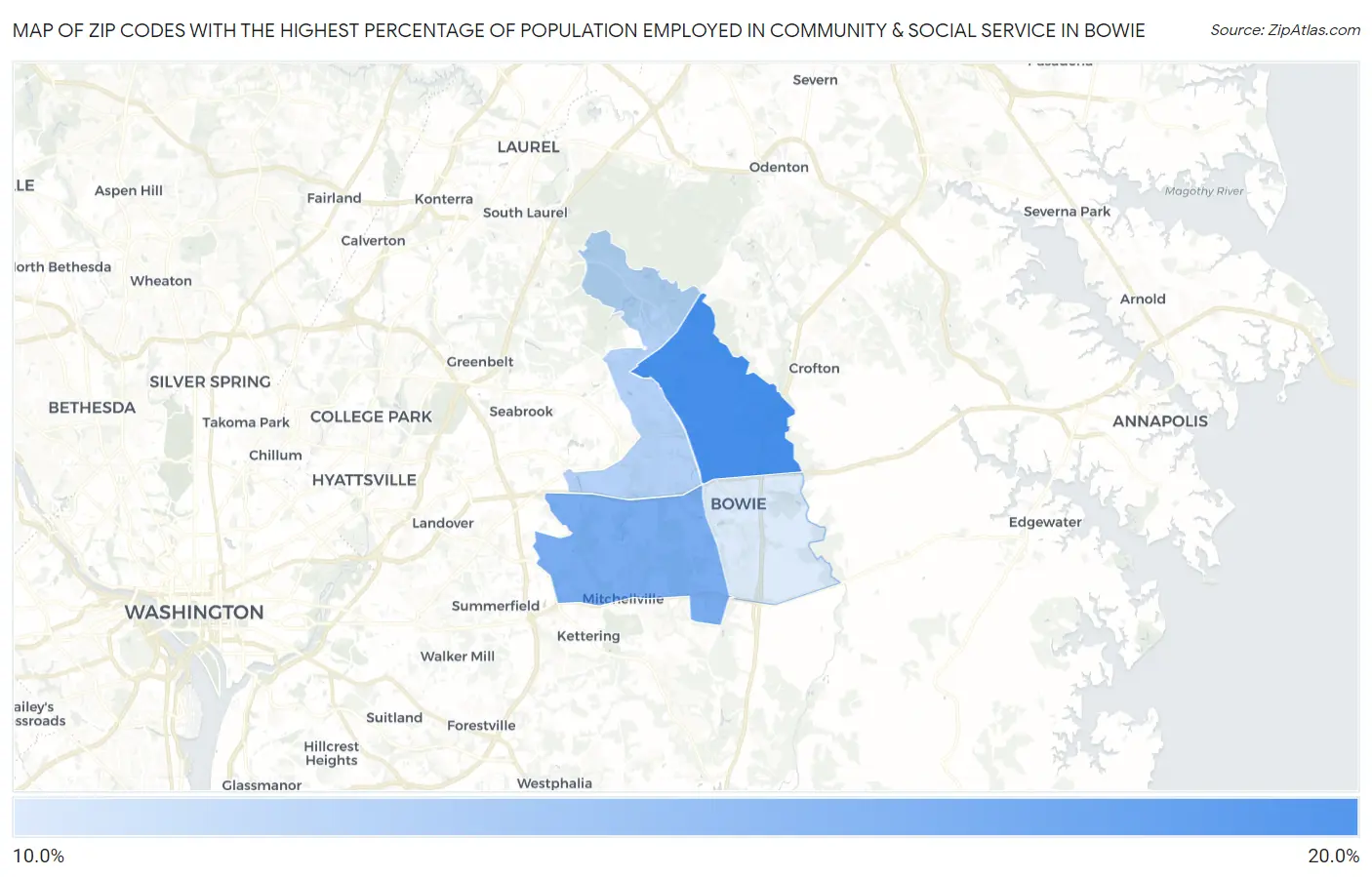 Zip Codes with the Highest Percentage of Population Employed in Community & Social Service  in Bowie Map