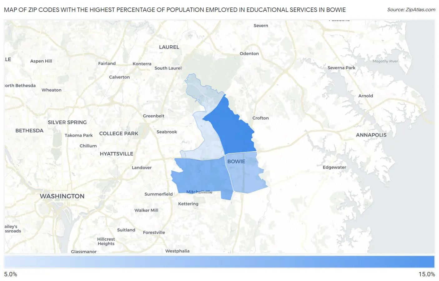 Zip Codes with the Highest Percentage of Population Employed in Educational Services in Bowie Map
