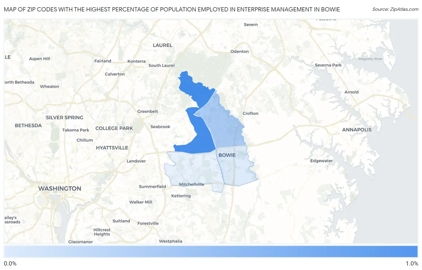 Zip Codes with the Highest Percentage of Population Employed in Enterprise Management in Bowie Map