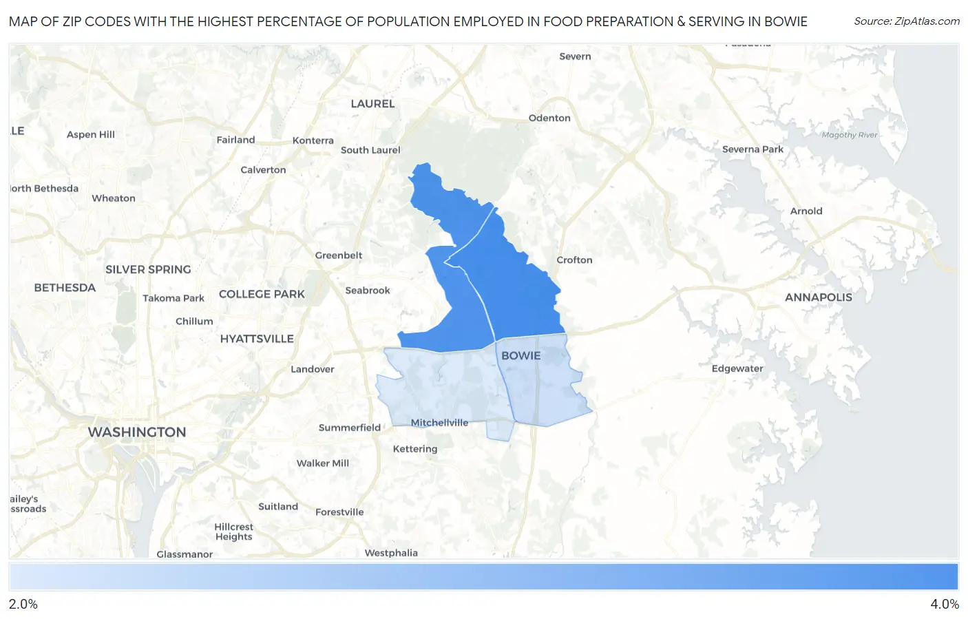 Zip Codes with the Highest Percentage of Population Employed in Food Preparation & Serving in Bowie Map