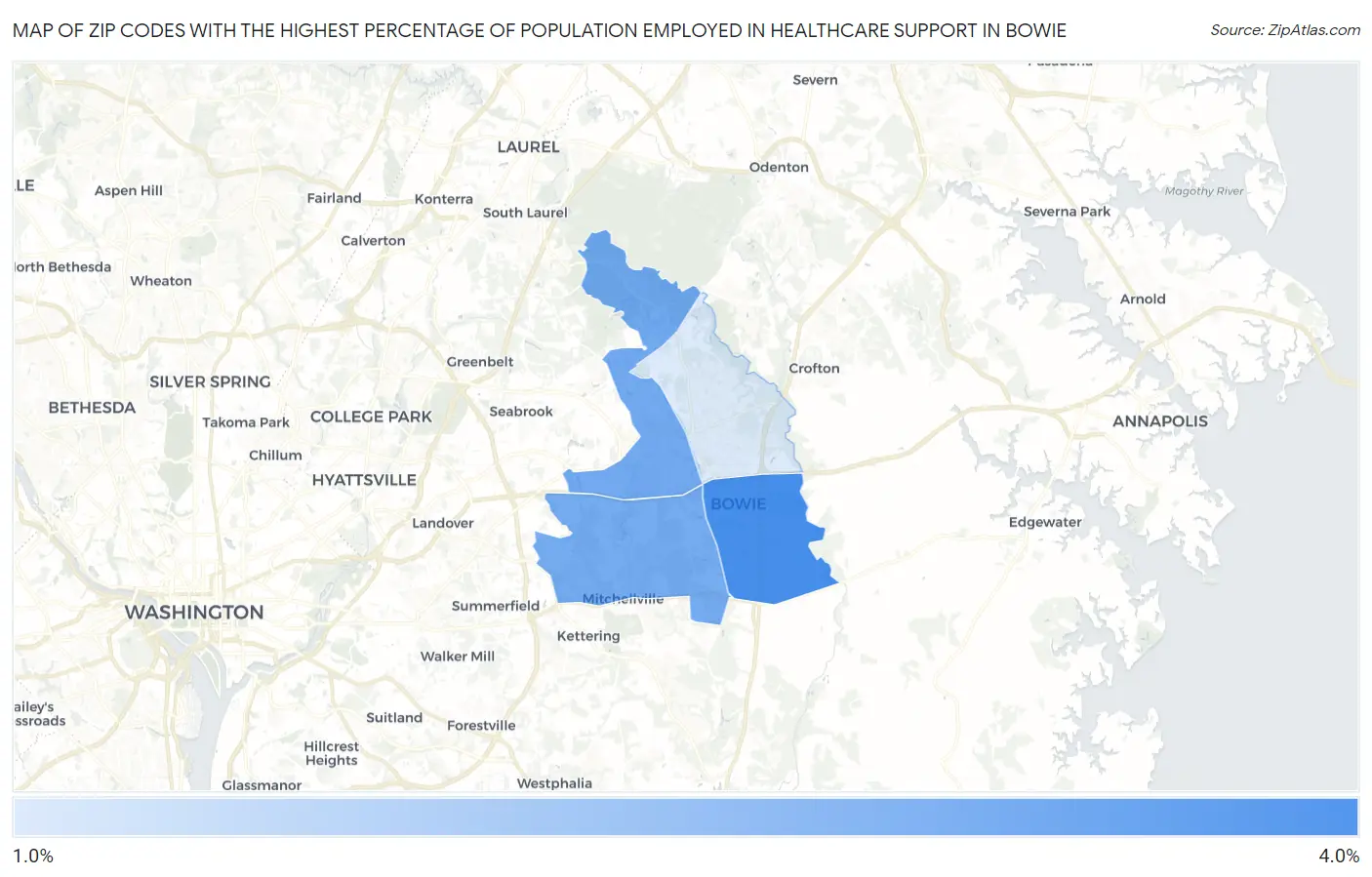 Zip Codes with the Highest Percentage of Population Employed in Healthcare Support in Bowie Map