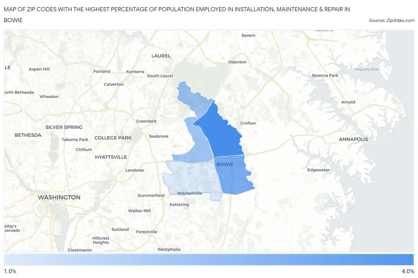 Zip Codes with the Highest Percentage of Population Employed in Installation, Maintenance & Repair in Bowie Map