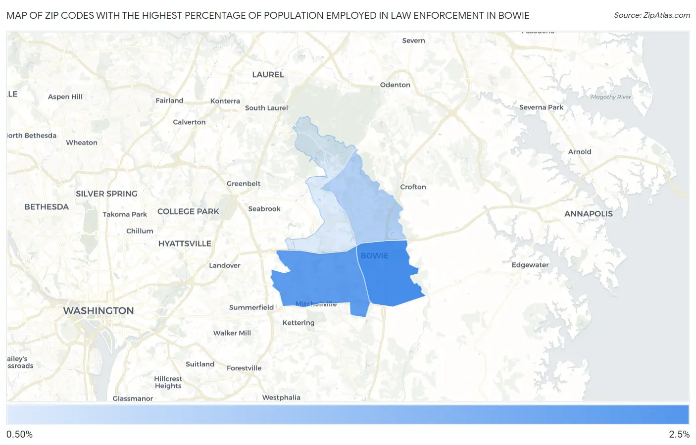 Zip Codes with the Highest Percentage of Population Employed in Law Enforcement in Bowie Map
