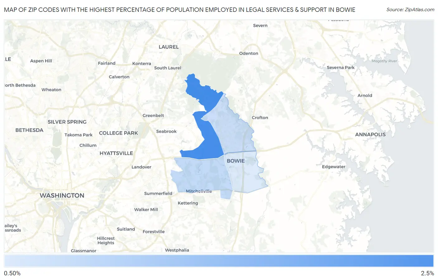 Zip Codes with the Highest Percentage of Population Employed in Legal Services & Support in Bowie Map