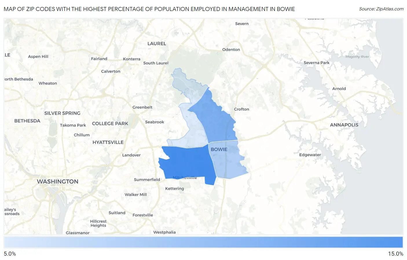 Zip Codes with the Highest Percentage of Population Employed in Management in Bowie Map