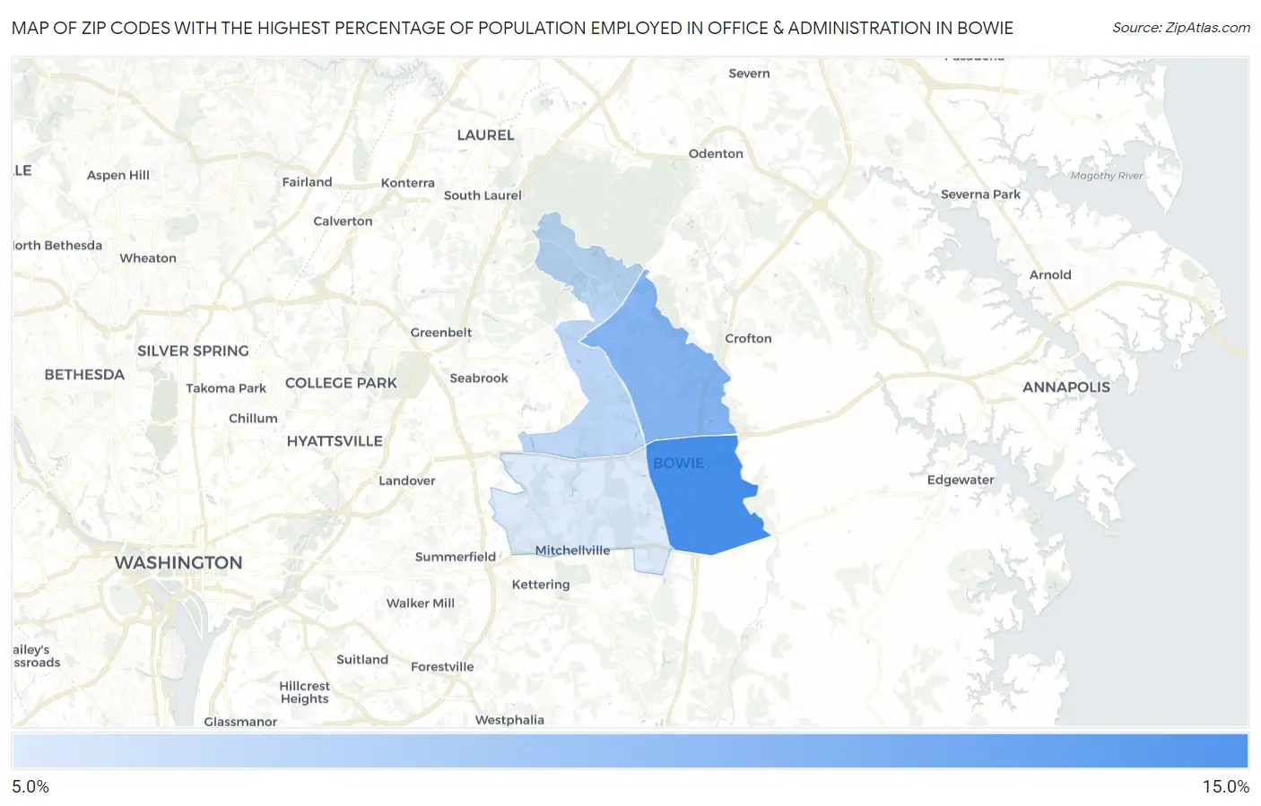 Zip Codes with the Highest Percentage of Population Employed in Office & Administration in Bowie Map