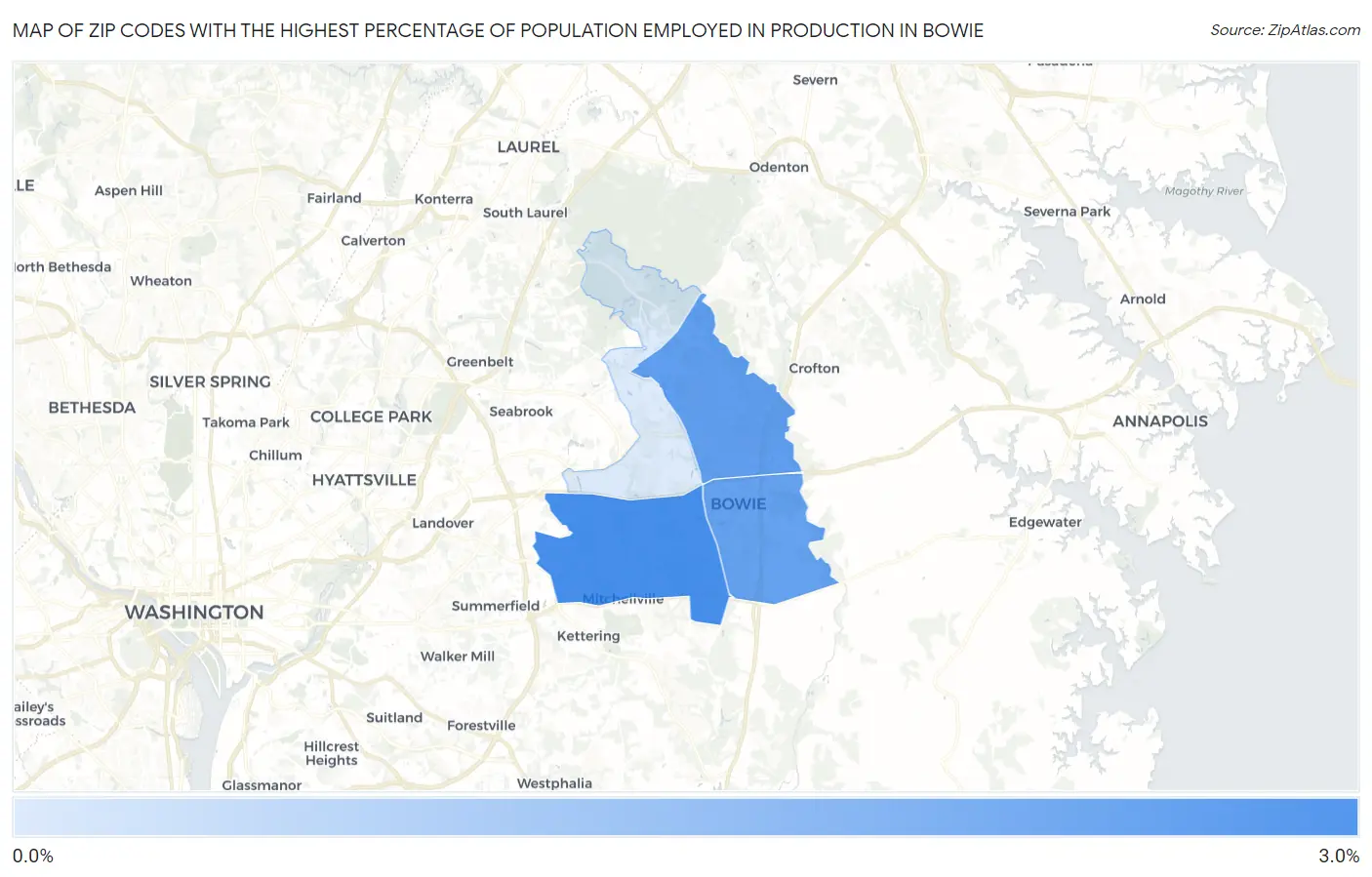 Zip Codes with the Highest Percentage of Population Employed in Production in Bowie Map