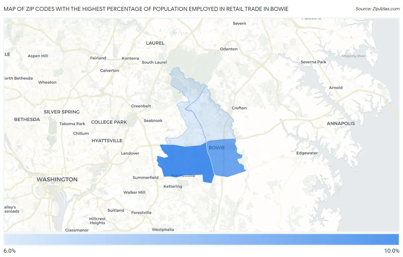Zip Codes with the Highest Percentage of Population Employed in Retail Trade in Bowie Map