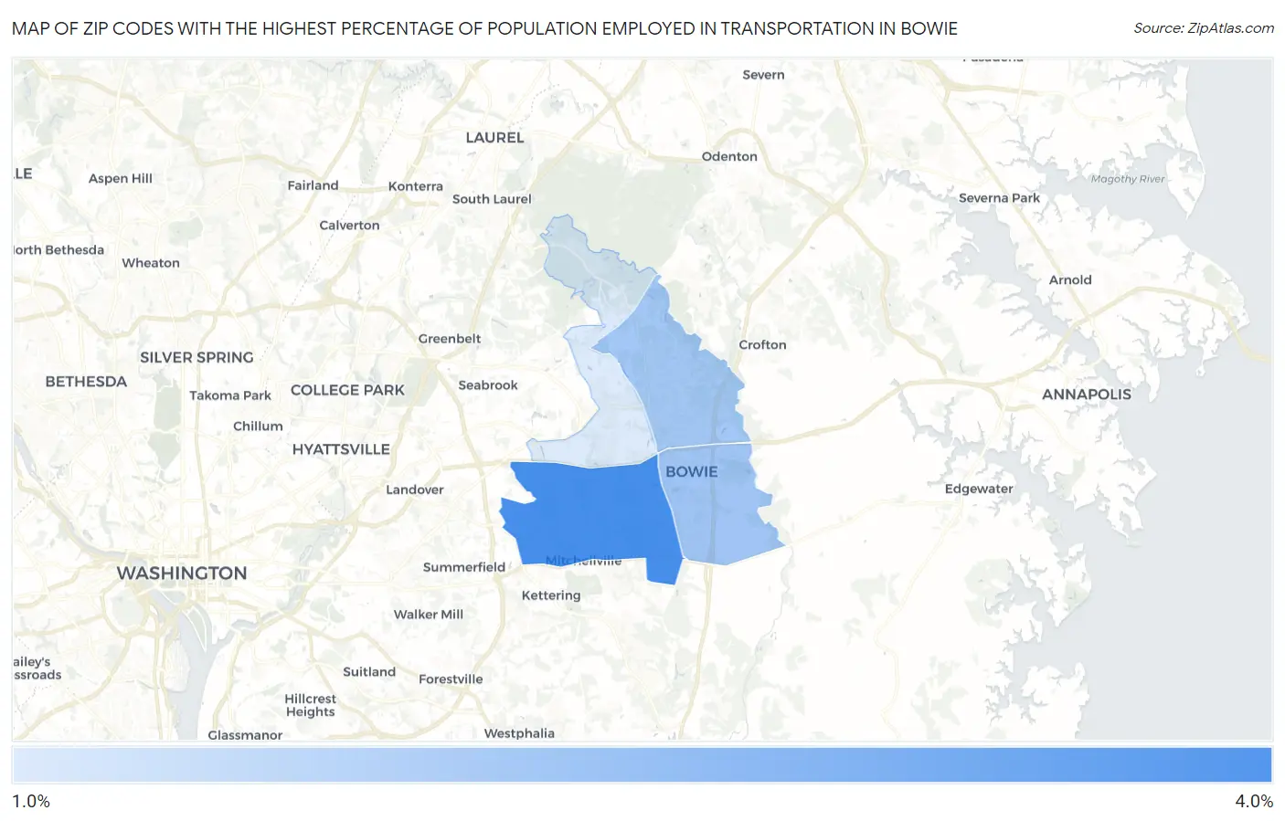 Zip Codes with the Highest Percentage of Population Employed in Transportation in Bowie Map
