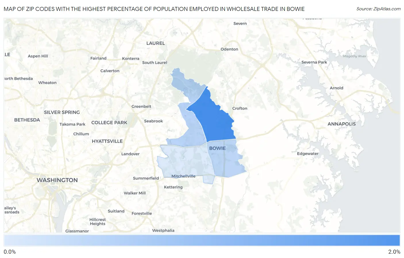 Zip Codes with the Highest Percentage of Population Employed in Wholesale Trade in Bowie Map
