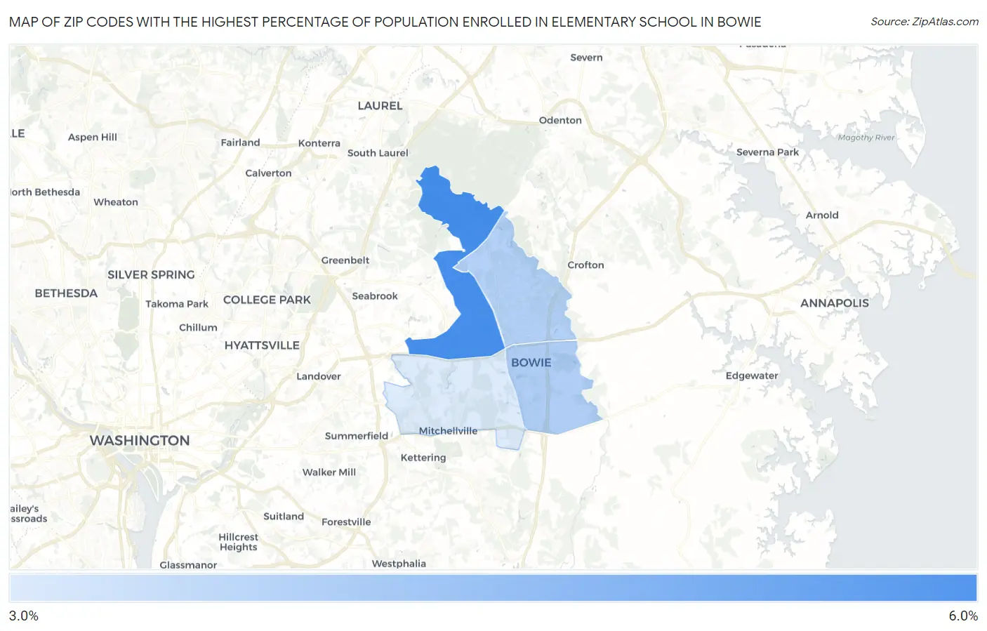 Zip Codes with the Highest Percentage of Population Enrolled in Elementary School in Bowie Map